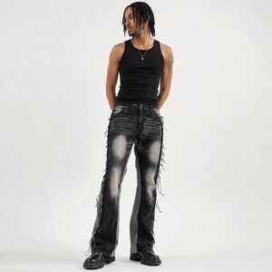 Legendary Status Mens Stacked Fit Frayed Fringe Jeans Black Wash Size 48 Stretch